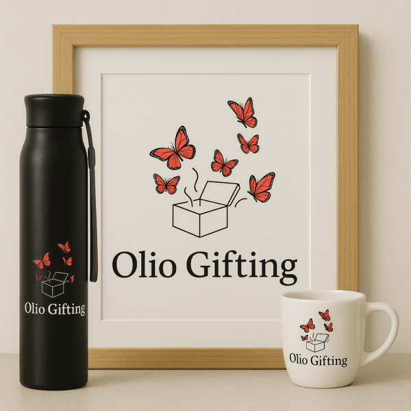 Olio Gifting Premium Gift Set – Framed Logo Art, Branded Water Bottle & Coffee Mug