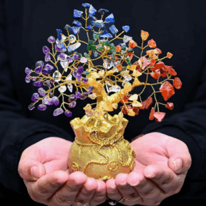 7 Chakra Crystal Bonsai Tree with Golden Money Bag Base – Healing Gemstone Tree for Wealth, Prosperity, and Positive Energy – Feng Shui Good Luck Home Decor & Gift (7x3 Inch)