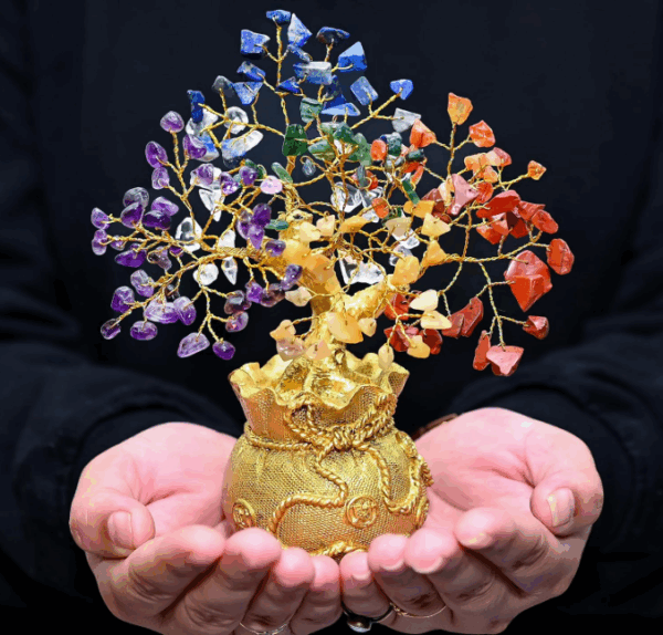 7 Chakra Crystal Bonsai Tree with Golden Money Bag Base – Healing Gemstone Tree for Wealth, Prosperity, and Positive Energy – Feng Shui Good Luck Home Decor & Gift (7x3 Inch)